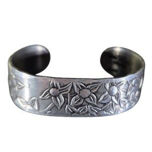 Hand wrought Pewter Floral Cuff Bracelet  flowers cottagecore fairycore